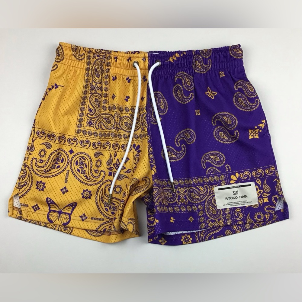 RYOKO RAIN gold and purple mesh shorts